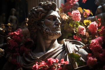 Wall Mural - Greek bust surrounded by background flowers, generative IA