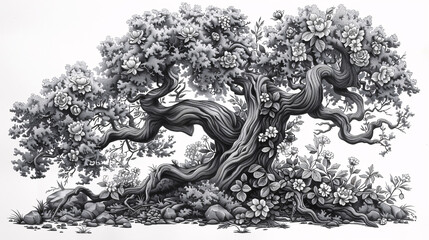 Wall Mural - Detailed drawing of a tree with floral decorations, black on white background