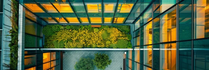Wall Mural - A birds-eye view of a modern glass office building featuring a green roof and sustainable design elements