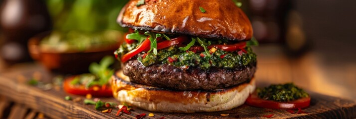 Canvas Print - A close-up shot of a mouthwatering burger with chimichurri and pesto sauces, nestled on a rustic wooden board