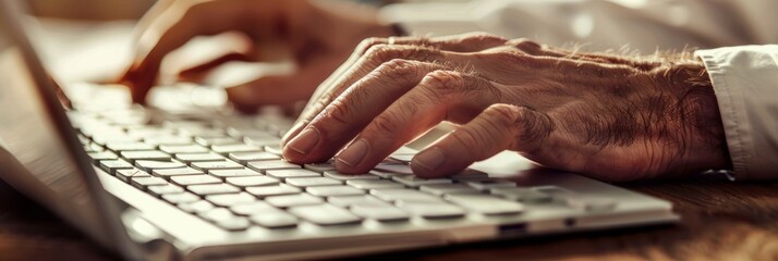 Wall Mural - A close-up image showcasing the hands of a programmer typing on a sleek keyboard. The focus is on the fingers pressing the keys, emphasizing the precision and speed of coding