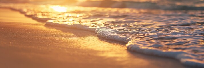 Wall Mural - Close-up view of a wave gently crashing on a sandy beach during a stunning sunset. The golden light of the setting sun bathes the scene in warmth