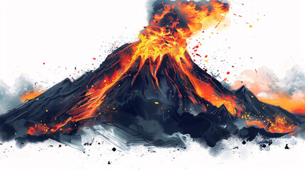 Emblematic design of a volcano eruption with lava and flames, on white background