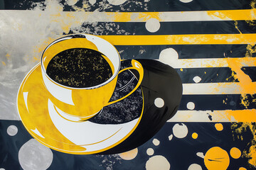 Wall Mural - A coffee cup is sitting on a table with a black and yellow background