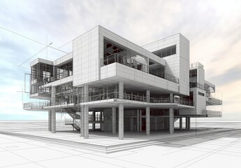 Aufkleber - Industrial building wireframe rendering with architectural and construction details