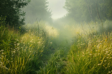 Canvas Print - Misty Morning Walkway Lined with Tall Grass Leading to Forest  