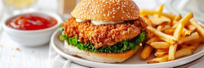 Wall Mural - A close-up photo of a juicy chicken sandwich served with golden crispy French fries. A side of red sauce is also present, ready to complement this delicious meal