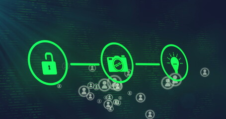 Poster - Image of profile icons floating over network of digital icons and light spot on black background