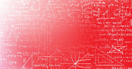 Canvas Print - Image of mathematical equations and diagrams floating against pink gradient background