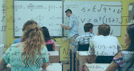 Poster - Image of mathematical equations against caucasian male professor teaching students at college