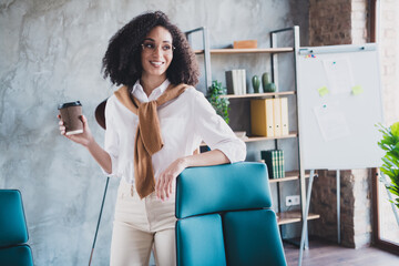 Sticker - Photo of nice successful business woman drink coffee think wear white shirt modern office indoors