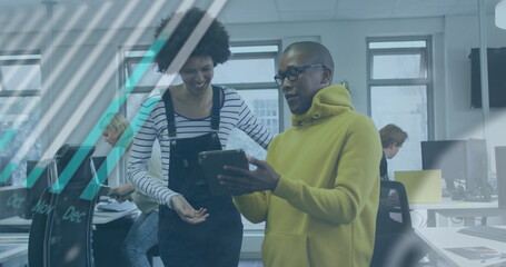 Sticker - Image of graphs, globe and computer language over diverse coworkers discussing over tablet