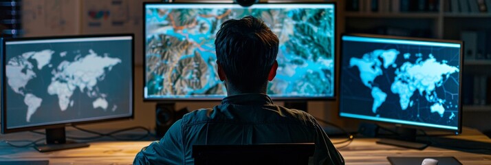 Wall Mural - A man is seated at a desk, intently analyzing geographic data displayed on multiple computer screens