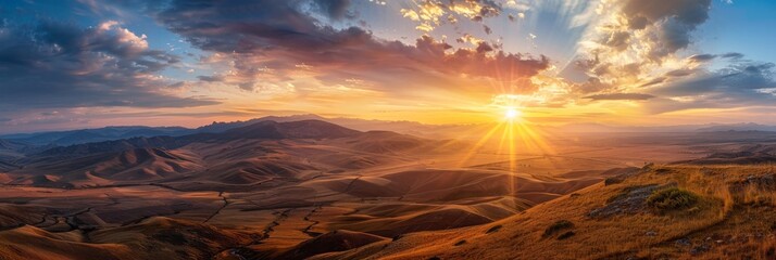 A panoramic aerial photograph capturing the vibrant sunset over a mountain range. The sky is filled with warm hues and the sun shines brightly, illuminating the landscape below