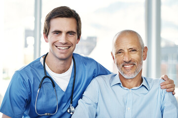 Poster - Doctor, patient and happy portrait in hospital for wellness, healthcare and service with support. Medical professional or expert, smile and elderly man with Alzheimers in clinic for treatment or test