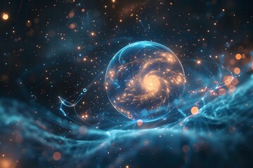 Mystical Cosmic Sphere Surrounded by Glowing Particles in Space