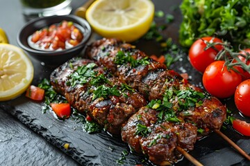 Wall Mural - Delicious Grilled Meat Skewers with Fresh Herbs and Vegetables