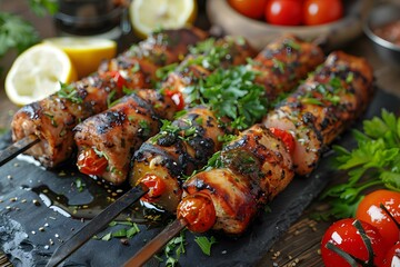 Wall Mural - Delicious Grilled Chicken Skewers with Fresh Herbs and Vegetables