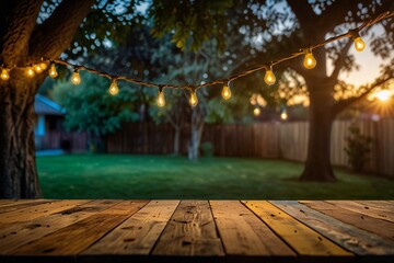 Wall Mural - Empty Wood table top with decorative outdoor string lights hanging on trees in the revier nature  at sunset time,