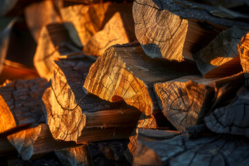 Wall Mural - A pile of cut wood, illuminated by the soft glow from inside a cabin's interior light, casting long shadows on its surface. Focusing on the face with a macro