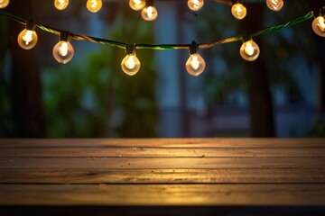 Wall Mural - Empty Wood table top with decorative outdoor string lights hanging on trees in the revier nature  at sunset time,