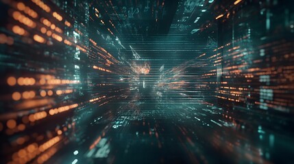 5. Produce a conceptual image of a software developer's environment, featuring an abstract background composed of programming code and computer script fragments, highlighting the technical prowess