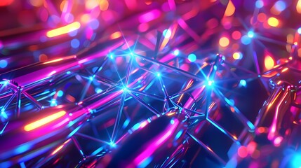 3D abstract background featuring a mesh of interconnected tubes and nodes, with vibrant neon colors and glowing edges, creating a futuristic and high-tech atmosphere