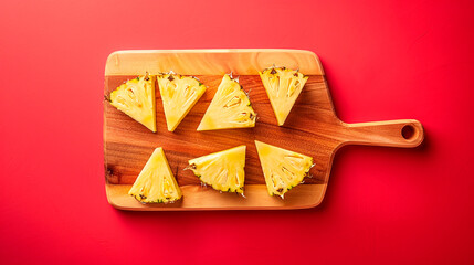 Canvas Print - Slices of pineapple arranged on a wooden cutting board against a vibrant red background. Concept of tropical fruit and freshness