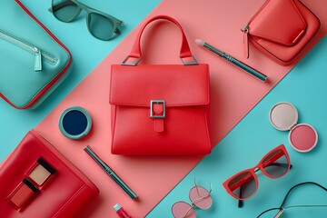 Wall Mural - Stylish Red Handbag and Accessories Flat Lay on Colorful Background