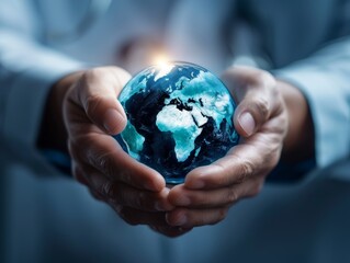 Hands holding a glowing Earth globe, symbolizing global connection, care, and environmental awareness with blue tones and detailed continents.