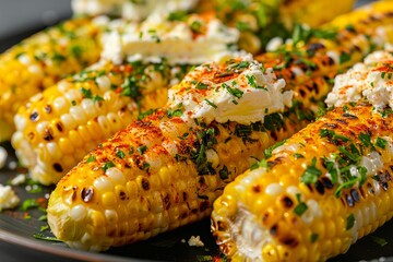 Grilled corn on the cob with cheese and herbs.