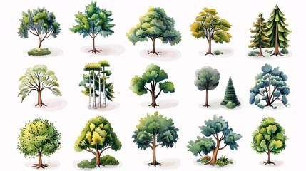 Wall Mural - Set of cartoon-style trees, including deciduous and coniferous, on white background