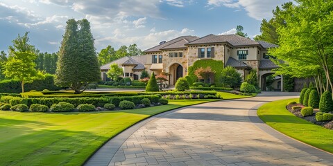 Wall Mural - A large house with a large yard and a driveway. The house is surrounded by trees and bushes