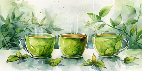 Wall Mural - Three green cups with steam coming out of them. The cups are arranged in a row and surrounded by leaves. Concept of relaxation and tranquility, as the cups of tea are often associated with calming