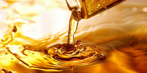 Wall Mural - A bottle of oil is poured into a glass. The oil is golden in color and is flowing out of the bottle