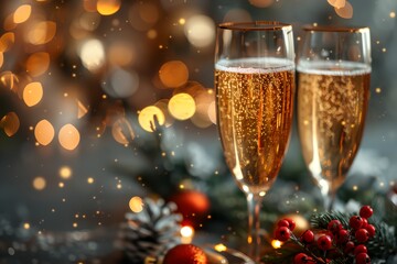 Wall Mural - Two champagne glasses filled with champagne are on a table with a Christmas tree and other decorations. Scene is festive and celebratory