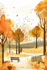 Wall Mural - A man is walking in a park with a bench and trees. The leaves are falling and the sky is cloudy