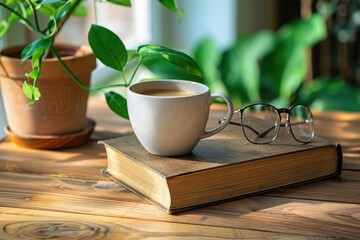 Wall Mural - book cover for mock up with coffee, plant and reading glasses