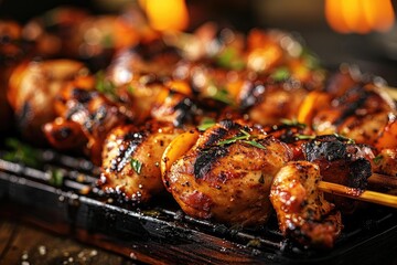Canvas Print - Grilled chicken skewers sizzling on a barbecue with a garnish of fresh herbs, perfect for outdoor BBQ parties and summer gatherings.