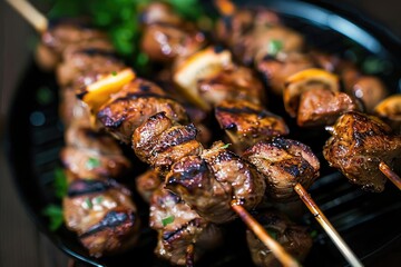Canvas Print - Juicy and flavorful grilled meat skewers with vegetables. Perfect for a summer barbecue or any outdoor gathering.