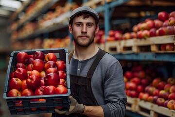 Wall Mural - Farmer Holding a Crate of Freshly Harvested Apples in a Storage Facility