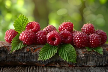 Wall Mural - Fresh Raspberries on Rustic Wooden Surface with Green Leaves
