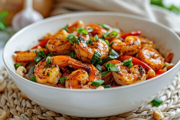 Wall Mural - A bowl of shrimp and vegetables with a white background