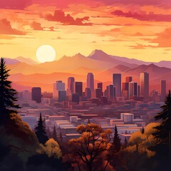 Wall Mural - 3D illustration of a beautiful sunset over the city and the mountains