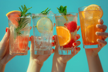 Canvas Print - Four people are holding up glasses of different colored drinks