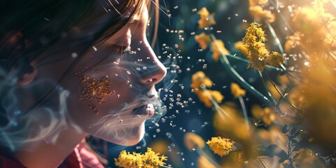 Sticker - A woman with a face covered in yellow powder is blowing smoke into a field of yellow flowers. Concept of whimsy and playfulness, as the woman's actions seem to be a part of a larger, imaginative scene