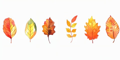Wall Mural - A row of six different colored leaves, including a maple leaf. The leaves are all different sizes and colors, with some being larger and more vibrant than others. Scene is one of autumn