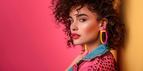 Wall Mural - A woman with curly hair and bright pink and yellow earrings. She is wearing a denim jacket and standing in front of a pink background