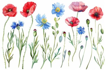 Wall Mural - Watercolor illustrations of meadow wildflowers with poppies, cornflowers, tansies, shepherd's purse, wild herbs for delicate, botanical, romantic, organic, rustic, boho projects