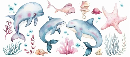 Wall Mural - Animals of the ocean on an isolated background. Illustration of sea life in watercolor. Ocean fauna clipart for children.